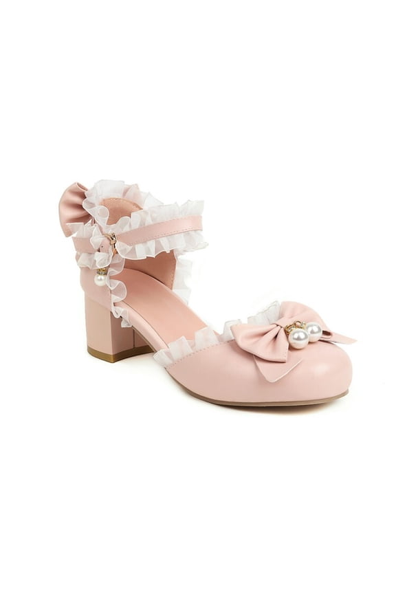 Women Kawaii Mid Block Heel Mary Jane Rockabilly Pumps with Bow Platform Chunky Heel Cute Sweet Shoes