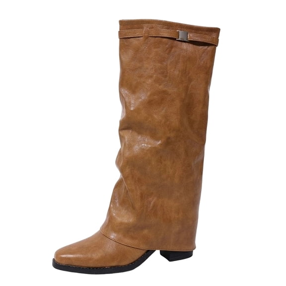 SACFOF Women Knee High Boots Fold Over Pull On Wide Calf Boots Chunky mid Heel Pointed Toe Boot Buckle Strap Combat Shoes
