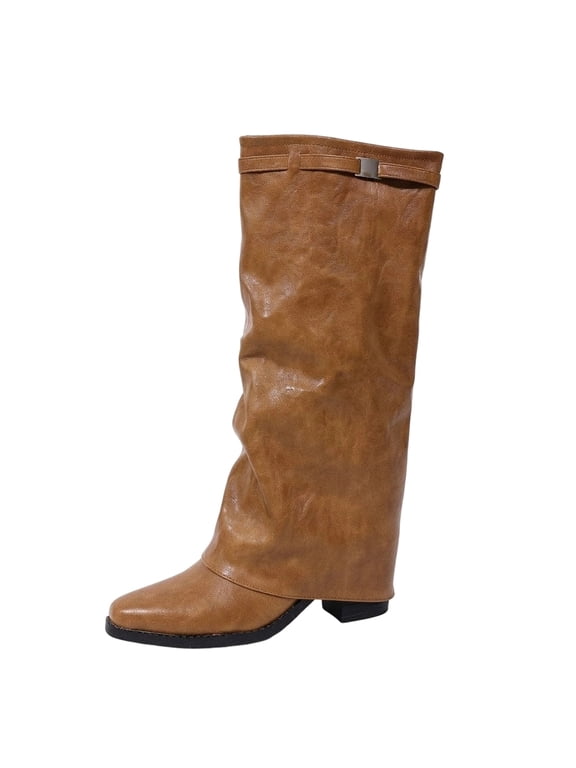 Women Knee High Boots Fold Over Pull On Wide Calf Boots Chunky mid Heel Pointed Toe Boot Buckle Strap Combat Shoes