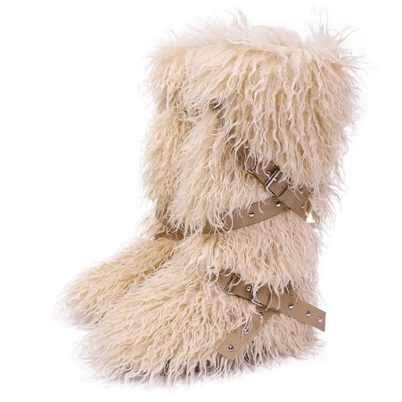 SACFOF Women Knee High Furry Faux Fur Boots Fuzzy Fluffy Round Toe Anti Slip Suede Winter Warm Snow Long Boots