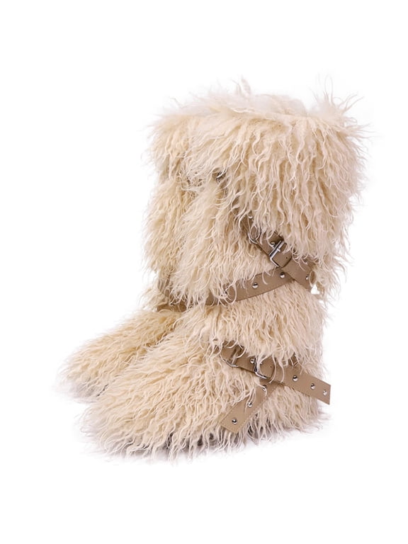 Women Knee High Furry Faux Fur Boots Fuzzy Fluffy Round Toe Anti Slip Suede Winter Warm Snow Long Boots