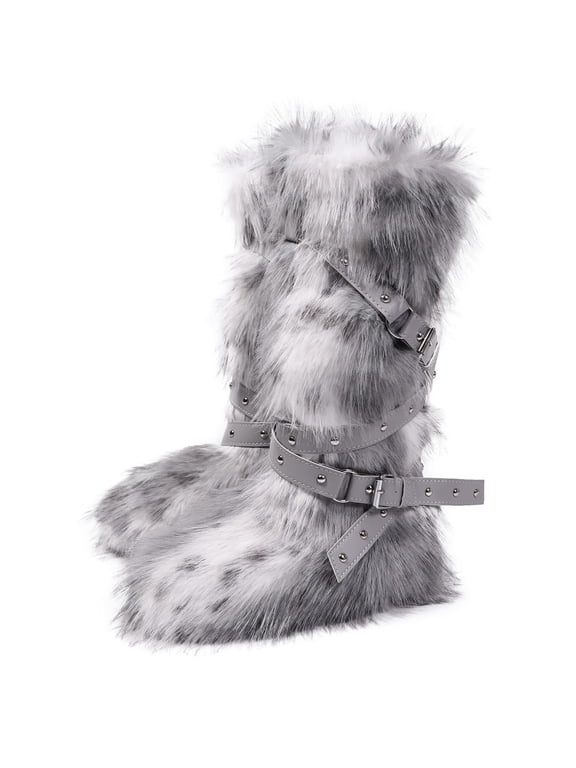 Women Knee High Furry Faux Fur Boots Fuzzy Fluffy Round Toe Anti Slip Suede Winter Warm Snow Long Boots