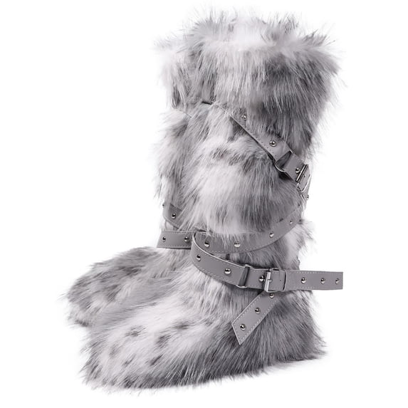 SACFOF Women Knee High Furry Faux Fur Boots Fuzzy Fluffy Round Toe Anti Slip Suede Winter Warm Snow Long Boots