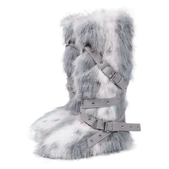SACFOF Women Knee High Furry Faux Fur Boots Fuzzy Fluffy Round Toe Anti Slip Suede Winter Warm Snow Long Boots