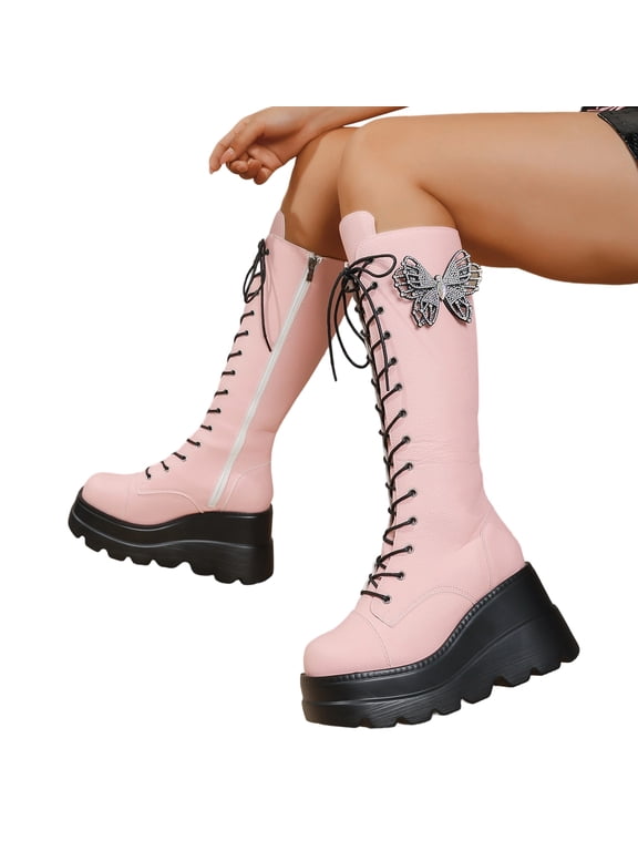 Women Platform Punk Goth Mid Calf Boots Chunky High Heel Side Zip Butterfly Wings Knee High Motorcycle Combat Booties