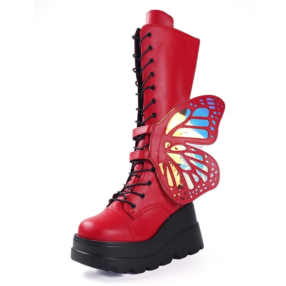 SACFOF Women Platform Punk Goth Mid Calf Boots Chunky High Heel Side Zip Butterfly Wings Knee High Motorcycle Combat Booties
