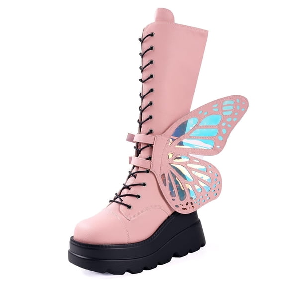 SACFOF Women Platform Punk Goth Mid Calf Boots Chunky High Heel Side Zip Butterfly Wings Knee High Motorcycle Combat Booties
