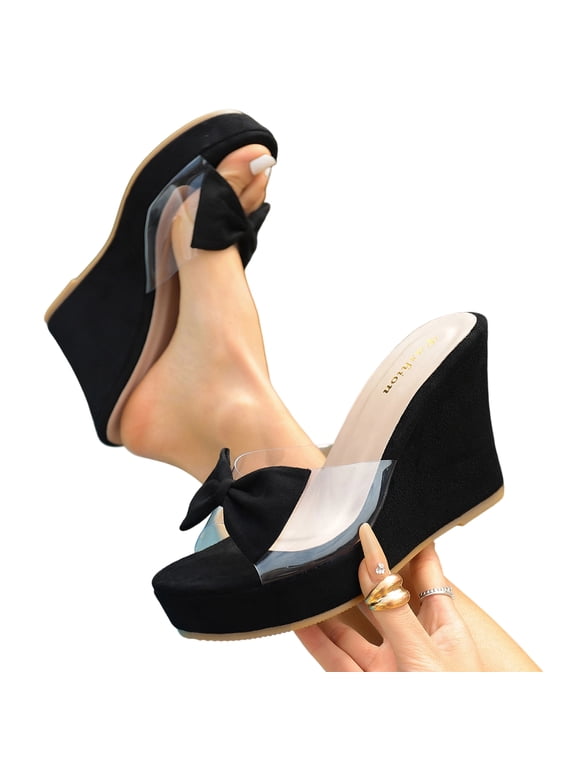 Women Platform Sandals Clear Peep Open Toe Slip-on Wedge High Heel Dress Shoes Office Party Wedding Patent 4 Inch