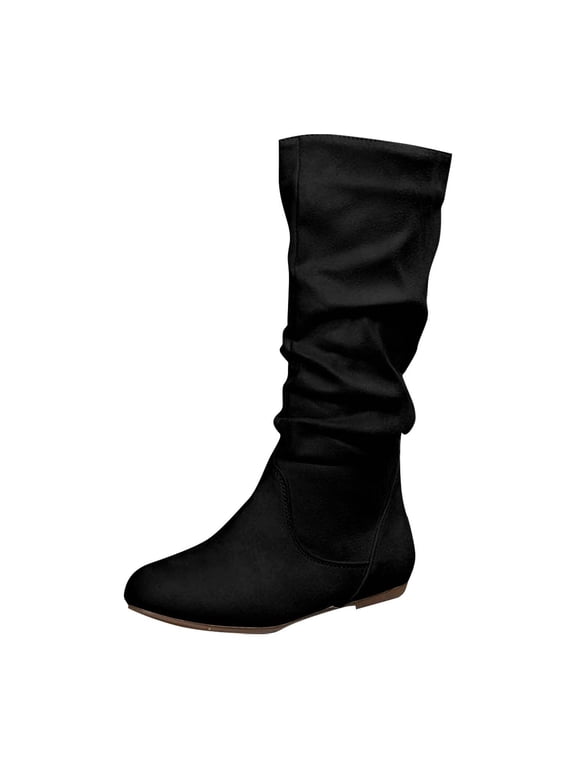 Women Slouchy Cowboy Boots No Heels Flat Mid Calf Booties Suede Retro Size Zipper Pull On Western Flats Shoes