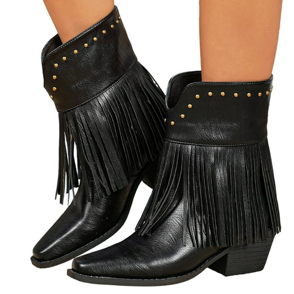 SACFOF Women Western Cowboy Boots Mid Calf Studded Pointed Toe Western Tassel Cowgirl Boots Women