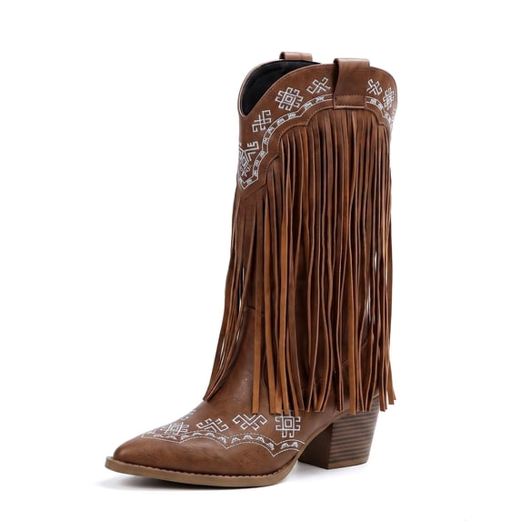 SACFOF Women Western Cowboy Fringe Boots Pointed Toe Cowgirl Knee High Tassel Boot