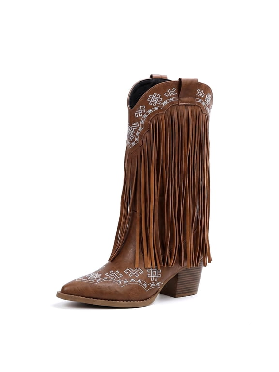 Women Western Cowboy Fringe Boots Pointed Toe Cowgirl Knee High Tassel Boot