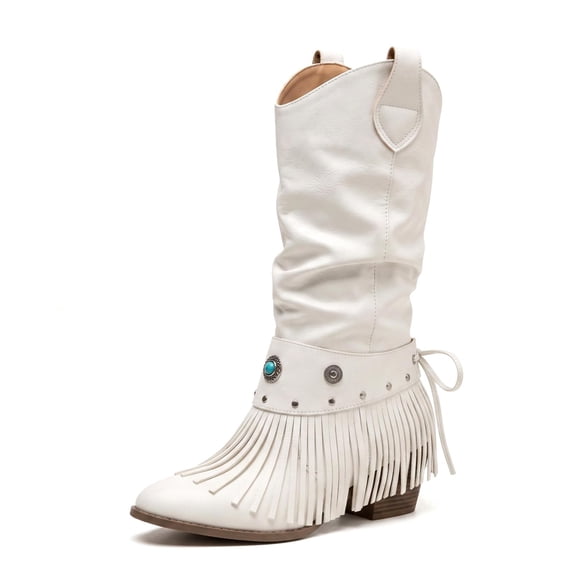 SACFOF Women Western Cowgirl Fringe Slouch Boots Boho Cowboy Tassel Mid Calf Boots