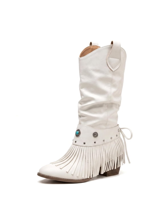 Women Western Cowgirl Fringe Slouch Boots Boho Cowboy Tassel Mid Calf Boots