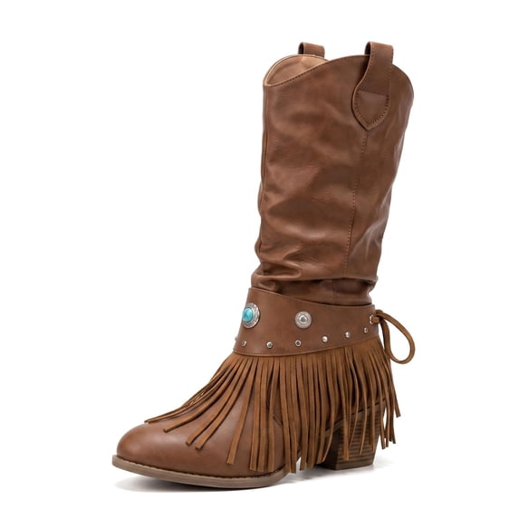 SACFOF Women Western Cowgirl Fringe Slouch Boots Boho Cowboy Tassel Mid Calf Boots