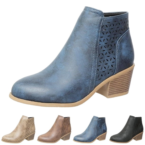 SACFOF Women's 2026 Fall Winter Chunky Heel Ankle Boots for Women - with Laser Cut Hollow Out Design, Non-Slip Sole for Casual Daily Walking Weekend Trips