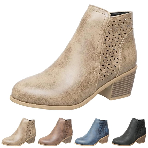 SACFOF Women's 2026 Fall Winter Chunky Heel Ankle Boots for Women - with Laser Cut Hollow Out Design, Non-Slip Sole for Casual Daily Walking Weekend Trips
