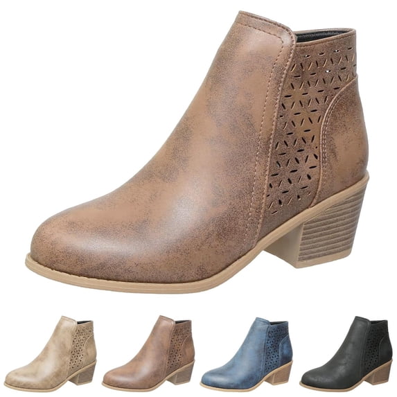 SACFOF Women's 2026 Fall Winter Chunky Heel Ankle Boots for Women - with Laser Cut Hollow Out Design, Non-Slip Sole for Casual Daily Walking Weekend Trips