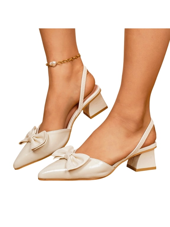 Women's Bow Buckle Pointed Toe Slingback Patent Chunky Low Heel Pumps Shoes Heels Classic Daily Office Dressy Shoes