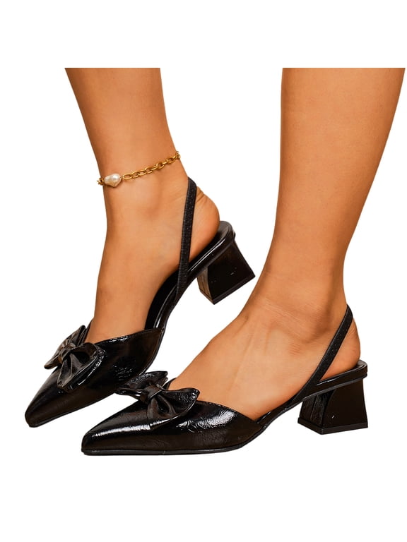 Women's Bow Buckle Pointed Toe Slingback Patent Chunky Low Heel Pumps Shoes Heels Classic Daily Office Dressy Shoes