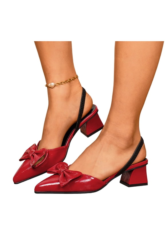 Women's Bow Buckle Pointed Toe Slingback Patent Chunky Low Heel Pumps Shoes Heels Classic Daily Office Dressy Shoes