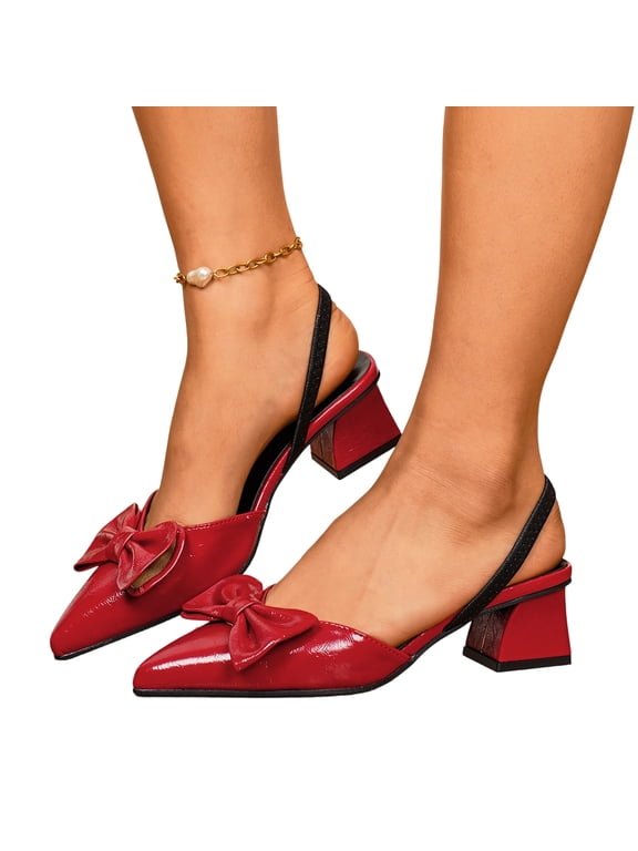 Women's Bow Buckle Pointed Toe Slingback Patent Chunky Low Heel Pumps Shoes Heels Classic Daily Office Dressy Shoes