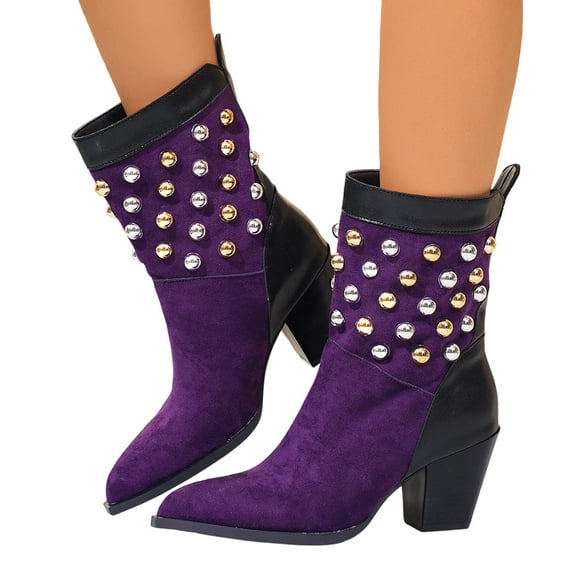 SACFOF Women's Chunky Heel Ankle Boots Round Toe Beaded Short Booties Low Block Striped Heel Boots Metal Buckle Casual Fashion Work Shoes