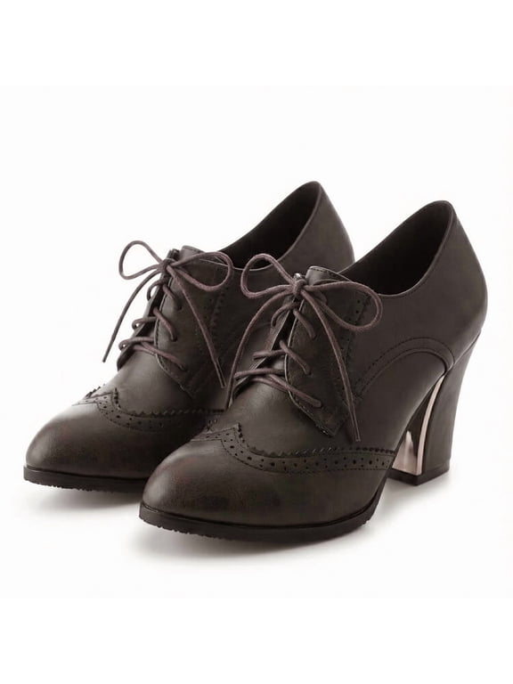 Women's Chunky High Heel Oxford Pump Lace Up Wingtip Perforated Platform Vintage Brogues Dress Shoes