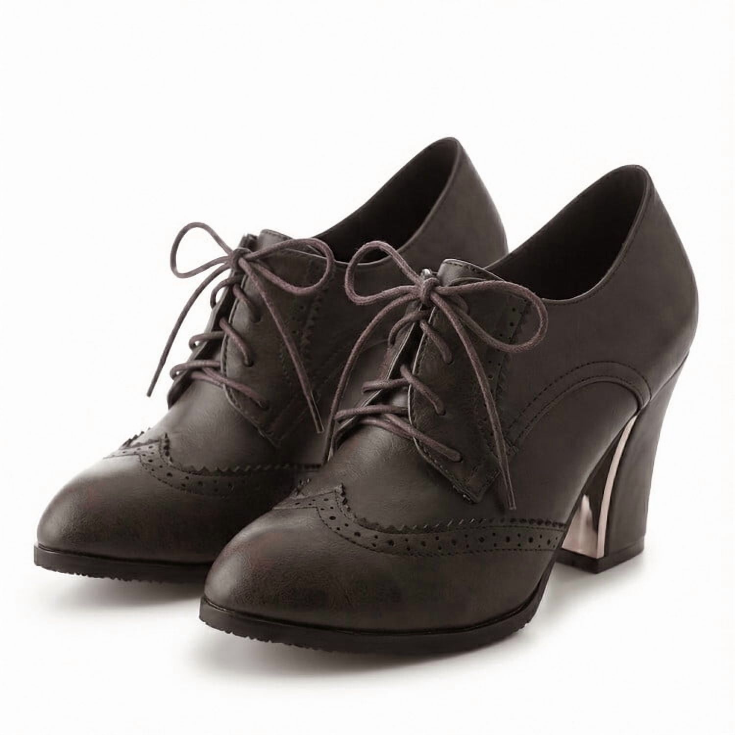 SACFOF Women's Chunky High Heel Oxford Pump Lace Up Wingtip Perforated Platform Vintage Brogues Dress Shoes