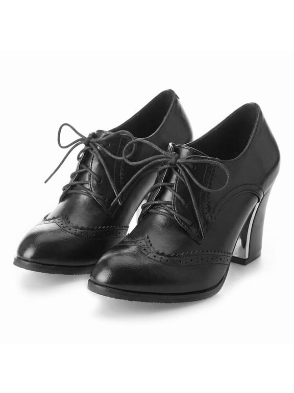 Women's Chunky High Heel Oxford Pump Lace Up Wingtip Perforated Platform Vintage Brogues Dress Shoes