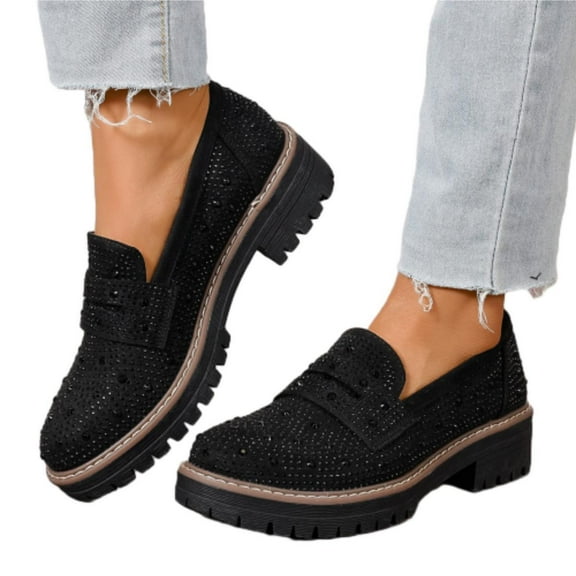 SACFOF Women's Chunky Platform Loafers Round Toe Rhinestone Casual Business Work Shoes Comfort Slip-on Casual Shoes