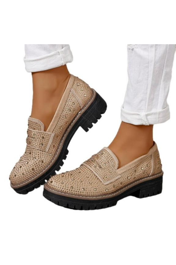 Women's Chunky Platform Loafers Round Toe Rhinestone Casual Business Work Shoes Comfort Slip-on Casual Shoes