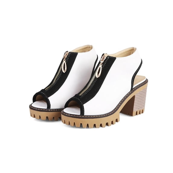 SACFOF Women's Chunky Stacked High Heel Sandals Peep Toe Front Zipper Cutout Platform Block Heeled Sandal