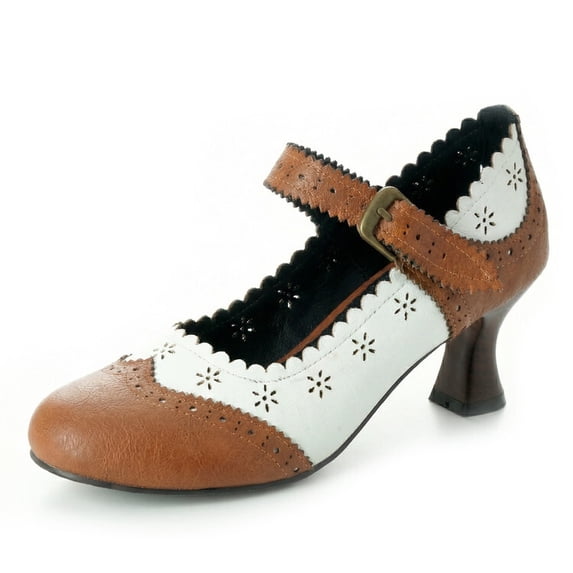 SACFOF Women's Comfortable Mary Jane Pumps Vintage Cutout Closed Toe Kitten Heels for Dressy Office Work