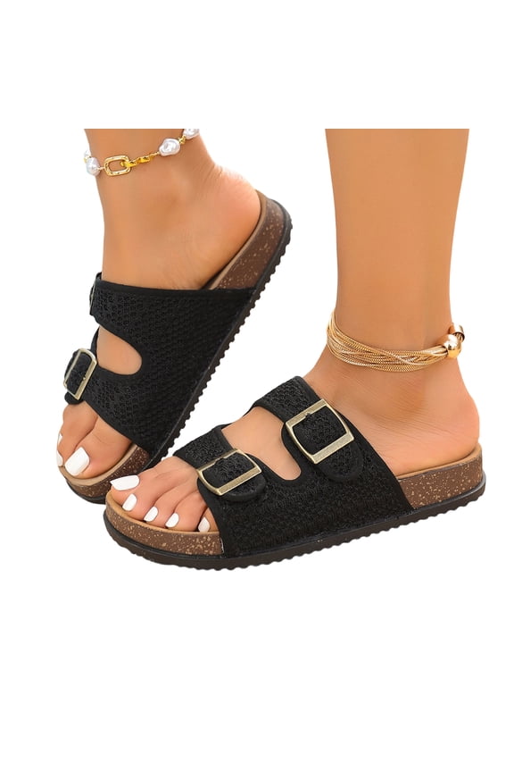 Women's Comfy Arch Support Cork Footbed Adjustable Knitting Straps Indoor and Outdoor Slides Sandals