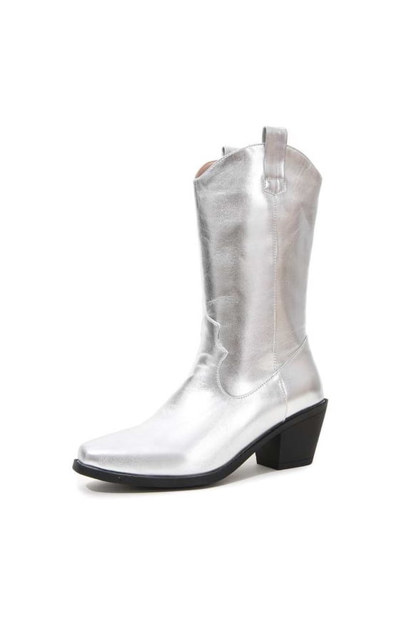 Women's Cowboy Boots Mid Calf Cowgirl Embroidered Western Pointed Toe Chunky Heel Pull On Knee High Boots