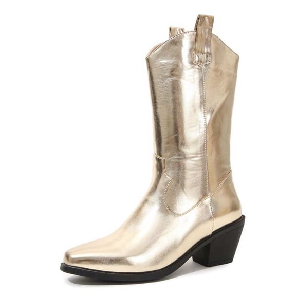 SACFOF Women's Cowboy Boots Mid Calf Cowgirl Embroidered Western Pointed Toe Chunky Heel Pull On Knee High Boots