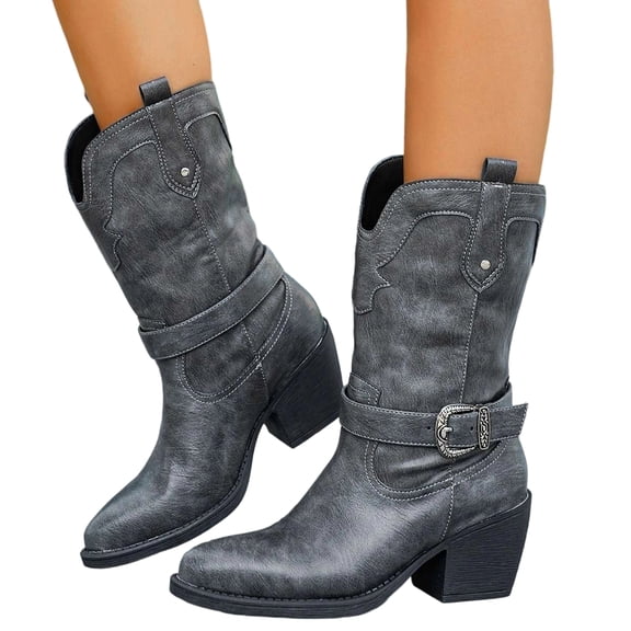 SACFOF Women's Cowboy Boots Pull On Cowgirl Booties Pointed Toe Low Chunky Heel Classic Short