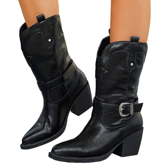 SACFOF Women's Cowboy Boots Pull On Cowgirl Booties Pointed Toe Low Chunky Heel Classic Short