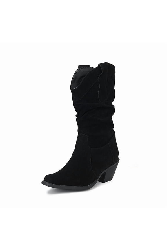 Women's Cowboy Knee-High Boots Pointed Toe Mid Chunky Heel Pull On Slouchy Booties Outdoor Travel