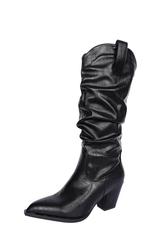 Women's Cowboy Mid Calf Riding Boots Slouch Knee High Boots for Women Wedge Heel Pointed Toe Tall Boot, Wide Calf, Pull-on
