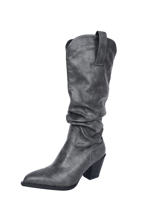 Women's Cowboy Mid Calf Riding Boots Slouch Knee High Boots for Women Wedge Heel Pointed Toe Tall Boot, Wide Calf, Pull-on