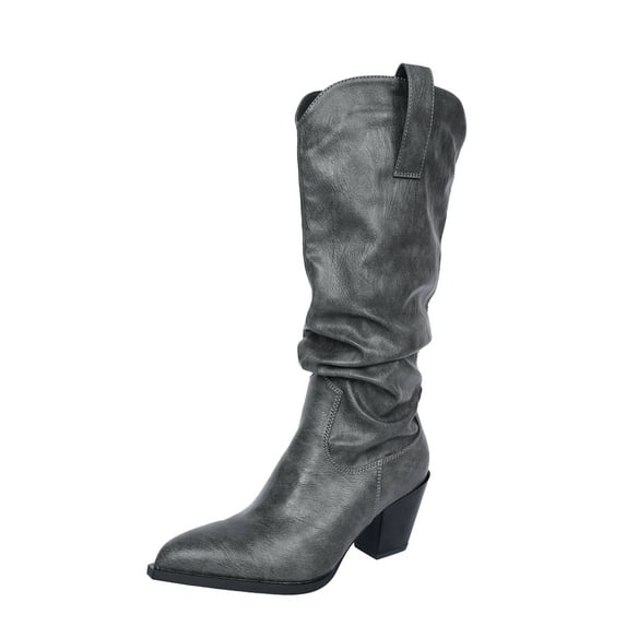 SACFOF Women's Cowboy Mid Calf Riding Boots Slouch Knee High Boots for Women Wedge Heel Pointed Toe Tall Boot, Wide Calf, Pull-on