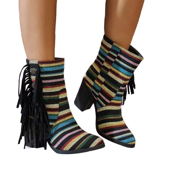 SACFOF Women's Cowgirl Boots Cowboy Fringe Western Boots Chunky Heel Tassel Mid Calf Boots Women's Pointed Toe Riding Boots