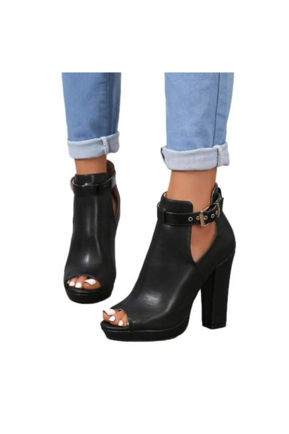 Women's Cutout Peep Toe Stacked Chunky Heels Sandals Summer Ankle Strap Buckle High Heel Booties