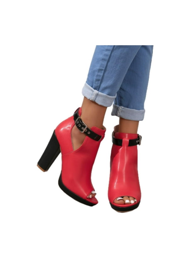 Women's Cutout Peep Toe Stacked Chunky Heels Sandals Summer Ankle Strap Buckle High Heel Booties