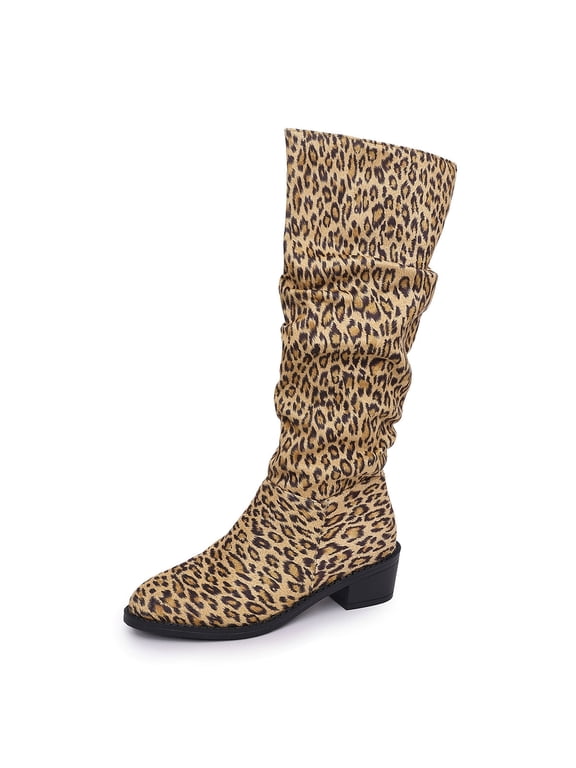Women's Flat Slouchy Basic Knee High Boots Slip on Flat Heel Cheetah Leopard Print