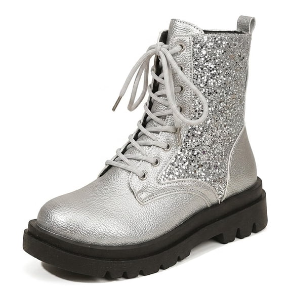 SACFOF Women's Glitter Combat Boots Round Toe Lace Up Chunky Low Heel Sparkly Ankle Booties Comfy Combat Ankle Boots