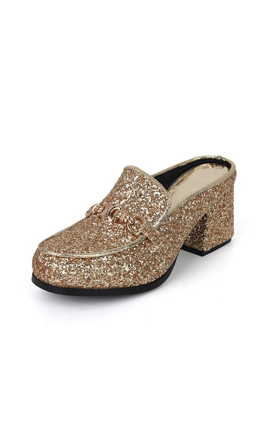 Women's Glitter Mules Block Heel Loafers - Square Toe Chain Decor Backless Dress Shoes for Party Wedding Evening