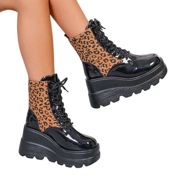 SACFOF Women's Goth Platform Ankle Boots Buckles Chunky Block Wedge Side Zipper Heels Round Toe Punk Motorcycle Comfy Short Gothic Booties High Heel Lace Up Studded Stacked